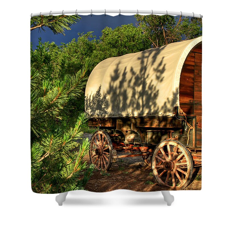 Covered Wagon Shower Curtain featuring the photograph Sheep Herder's Wagon by Donna Kennedy