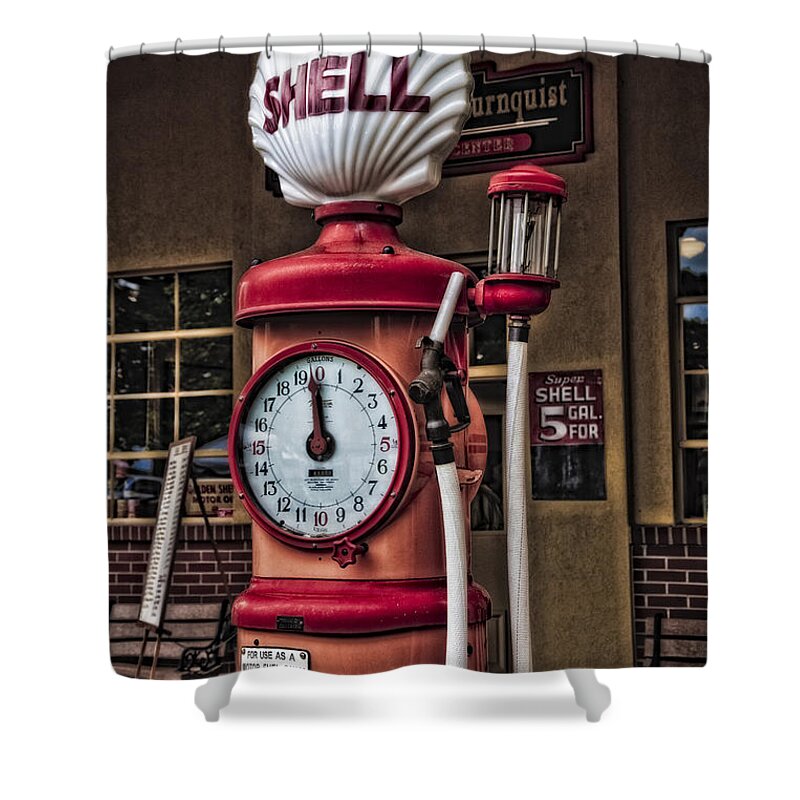 Automobiles Shower Curtain featuring the photograph Shell Gas Pump by Timothy Hacker