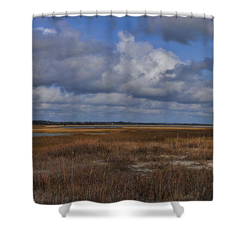 Wright Shower Curtain featuring the photograph Shell Island to Figure Eight Panorama by Paulette B Wright