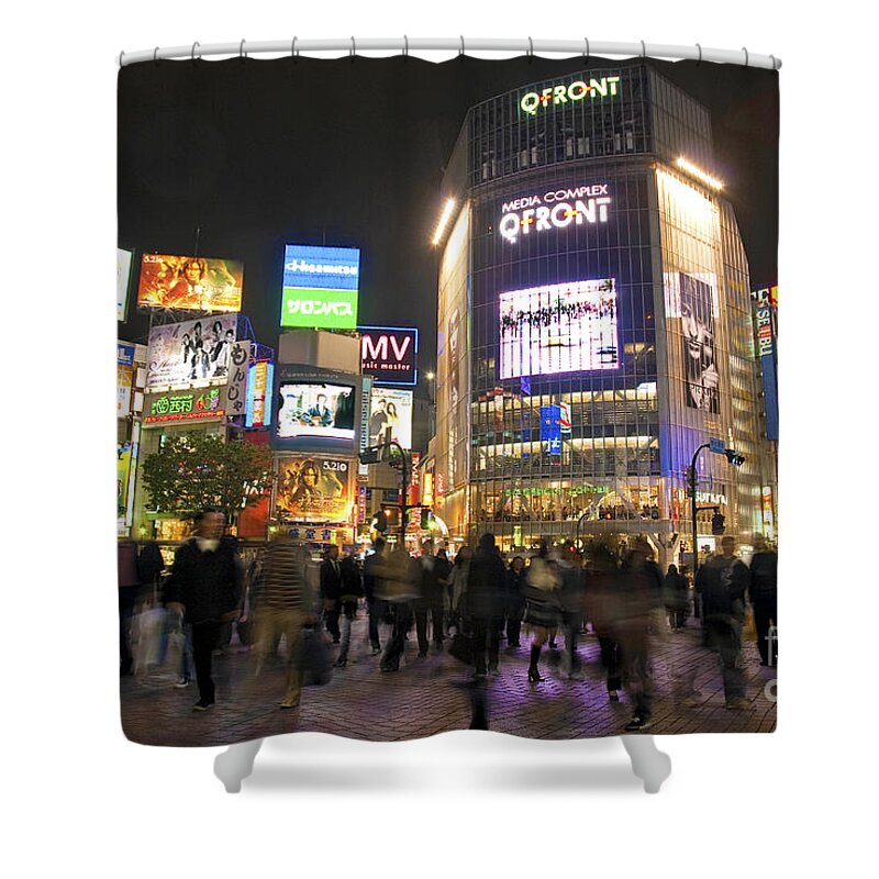 Shibuya Shower Curtain featuring the photograph Shibuya crossing at night tokyo japan by JM Travel Photography