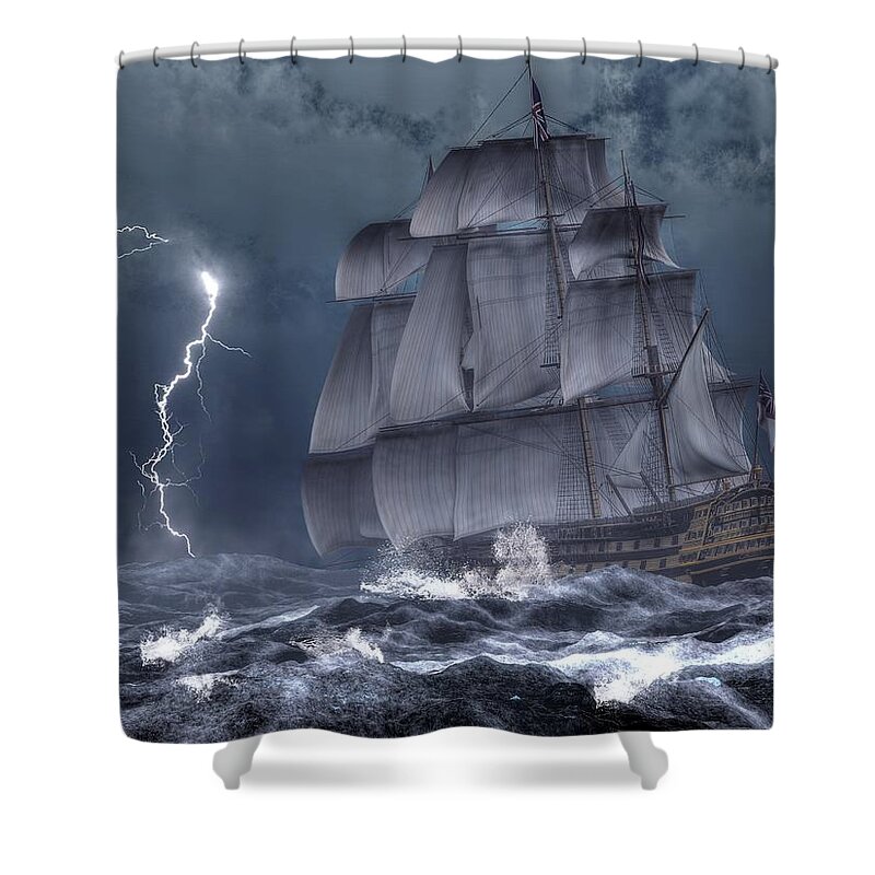 Hms Victory Shower Curtain featuring the digital art Ship in a Storm by Daniel Eskridge