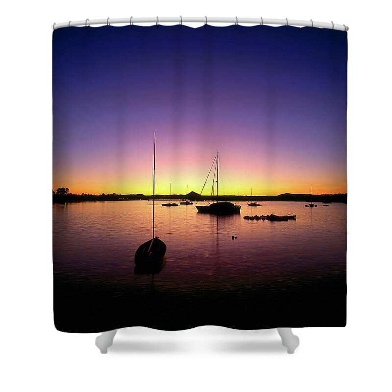 Tranquility Shower Curtain featuring the photograph Ships In Harbour At Sunset by Richard I'anson