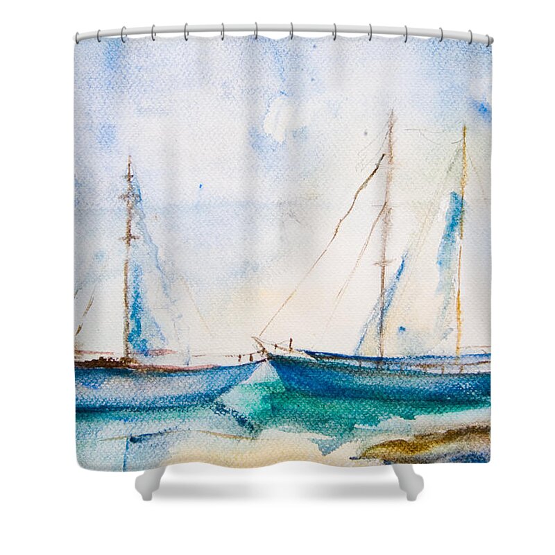 Art Shower Curtain featuring the painting Ships in the sea by Regina Jershova
