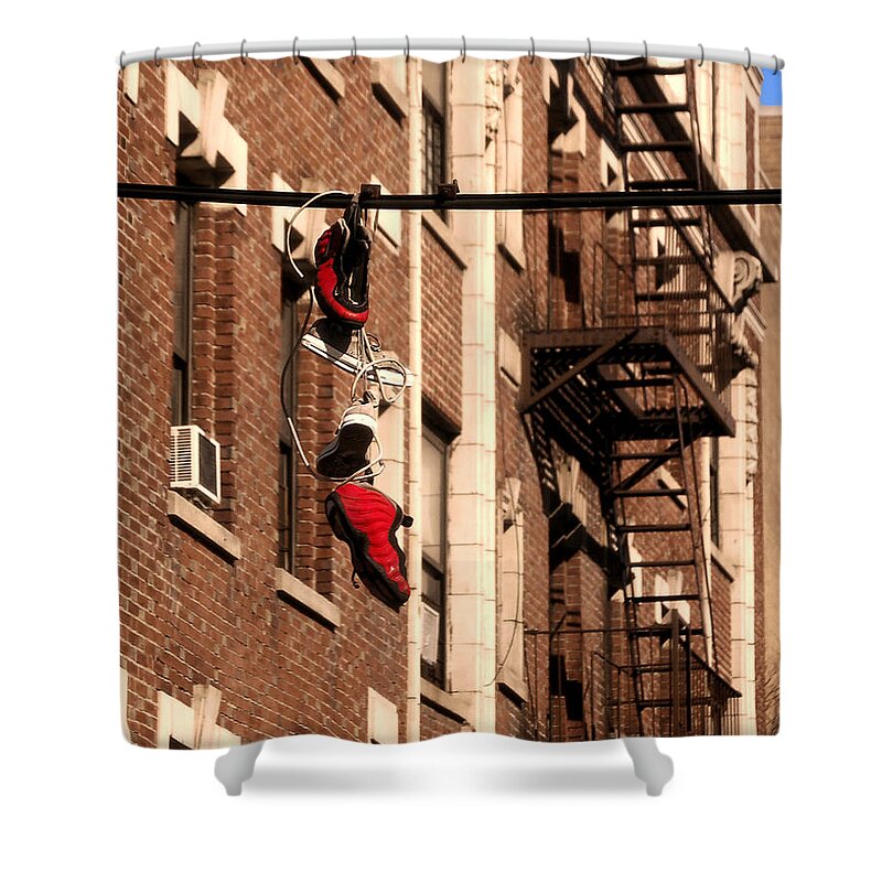 Newyork08 Shower Curtain featuring the photograph Shoes hanging by RicardMN Photography