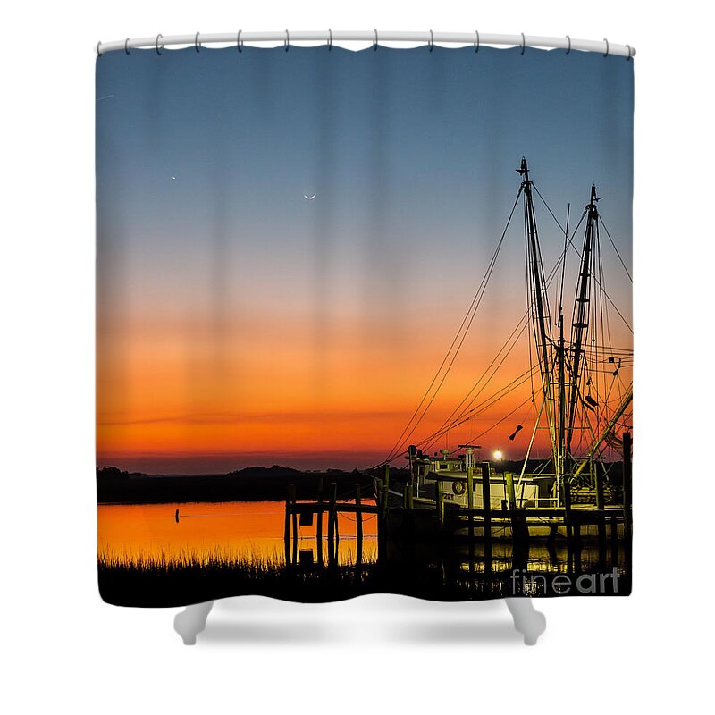 Shrimp Boat Shower Curtain featuring the photograph Shrimp Boat at Dusk Folly Beach by Donnie Whitaker