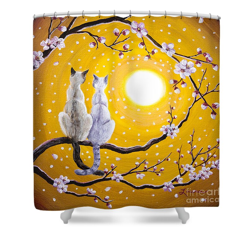 Zen Shower Curtain featuring the painting Siamese Cats Nestled in Golden Sakura by Laura Iverson