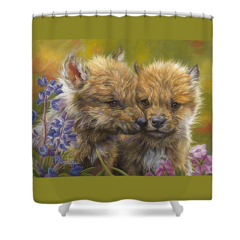 Wolf Shower Curtain featuring the painting Siblings by Lucie Bilodeau