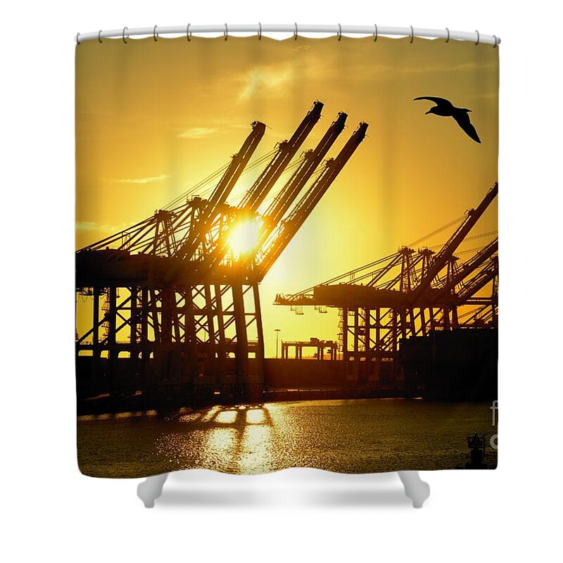 Silhouette Container Dock Shower Curtain featuring the photograph Silhouette Container Dock by Patrick Witz
