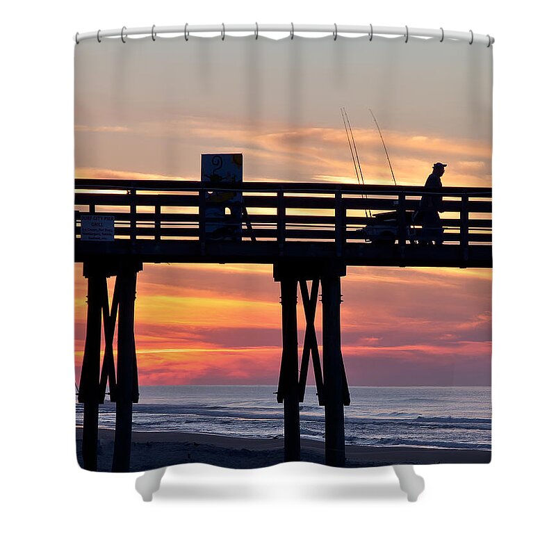 Fishing Shower Curtain featuring the photograph Silhouetted Fisherman On Ocean Pier At Sunrise by Jo Ann Tomaselli