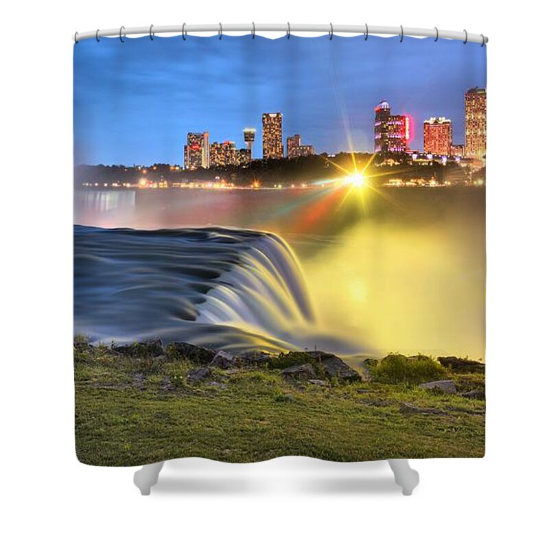 Niagara Falls Shower Curtain featuring the photograph Silky Niagara Falls Panoramic Sunset by Adam Jewell