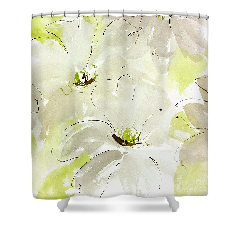 Original And Printed Watercolors Shower Curtain featuring the painting Silver Clematis by Chris Paschke
