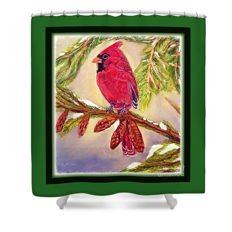 Red Male Cardinal Perched On A Evergreen Tree Branch With Pine Cones Snow Melting Light Filtering In With Blue Skies Behind It Cardinal Bird Paintings Nature Paintings Christmas Card Image Acrylic Painting Shower Curtain featuring the painting Singing the Good News with Border by Kimberlee Baxter