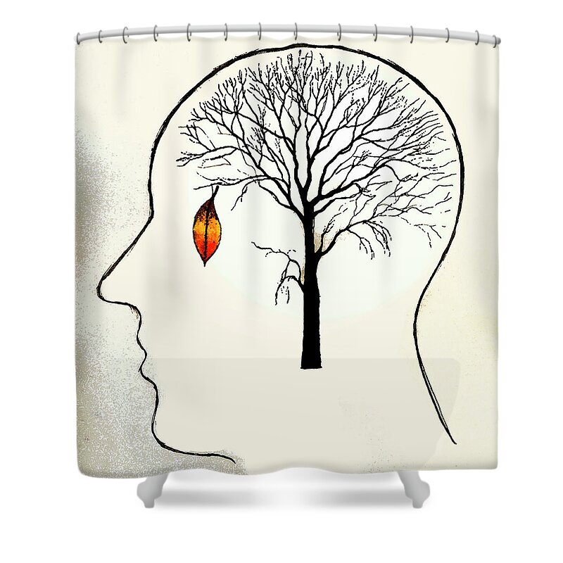 Adult Shower Curtain featuring the photograph Single Leaf Hanging On Barren Tree by Ikon Ikon Images