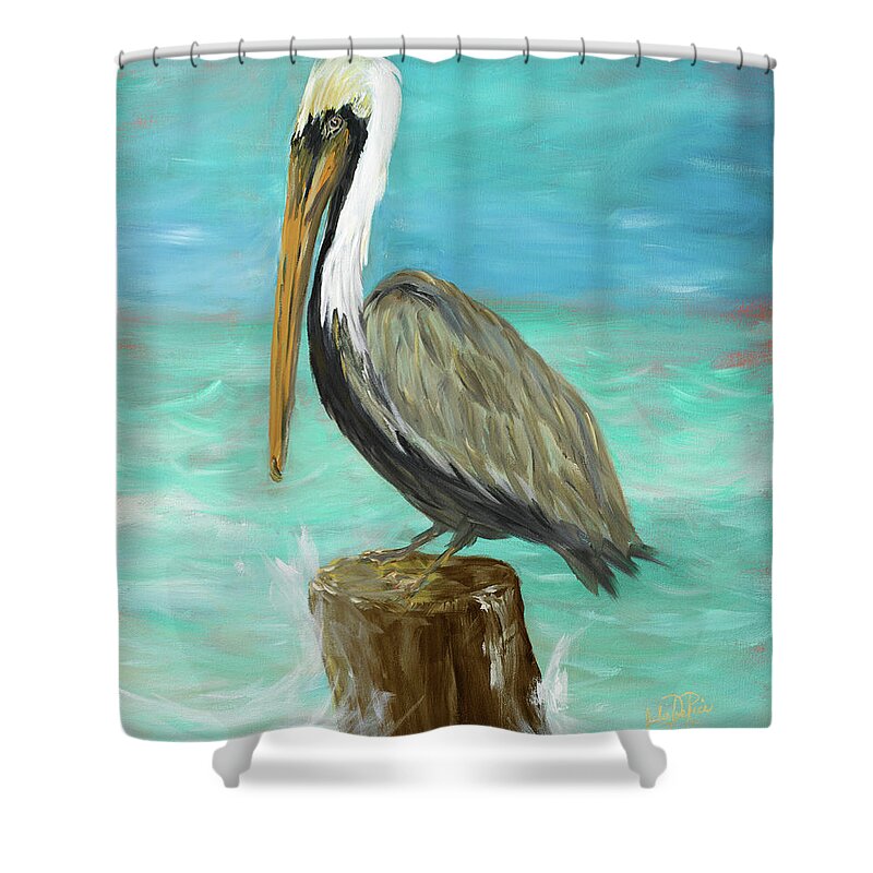 Single Shower Curtain featuring the painting Single Pelican On Post by Julie Derice