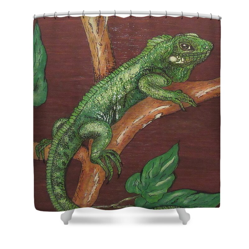 Print Shower Curtain featuring the painting Sir Iguana by Ashley Goforth
