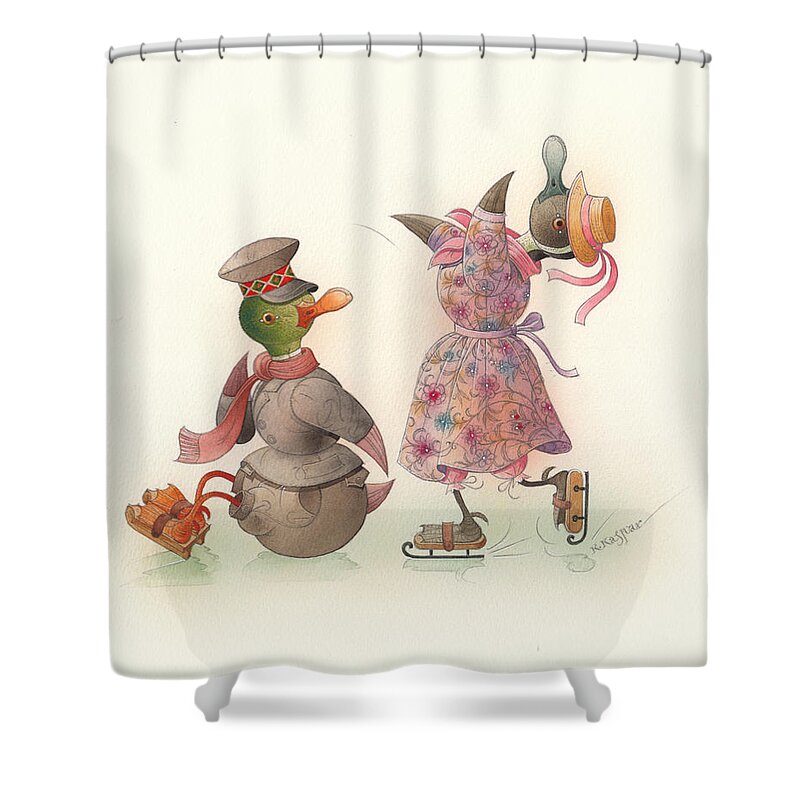 Christmas Winter Greeting Cards Ice Snow Dance Duck Holiday Shower Curtain featuring the painting Skating Ducks 10 by Kestutis Kasparavicius