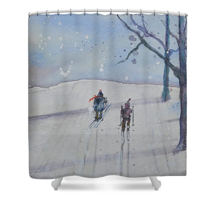 Skiing Shower Curtain featuring the painting Ski Buddies by Kellie Chasse