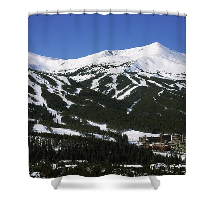Photography Shower Curtain featuring the photograph Ski Resorts In Front Of A Mountain by Panoramic Images