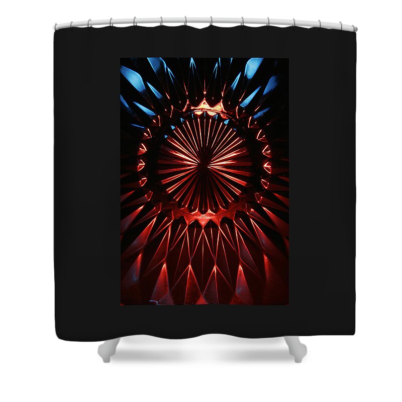 Abstract Shower Curtain featuring the photograph SKC 0285 Cut Glass Plate in Red and Blue by Sunil Kapadia