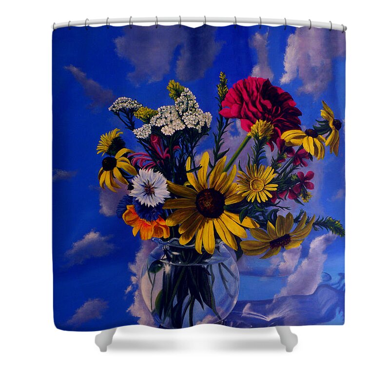 Flower Paintings Still Life Paintings Bouquet Nature Garden Oilpaintings Shower Curtain featuring the painting Sky flowers by George Tuffy