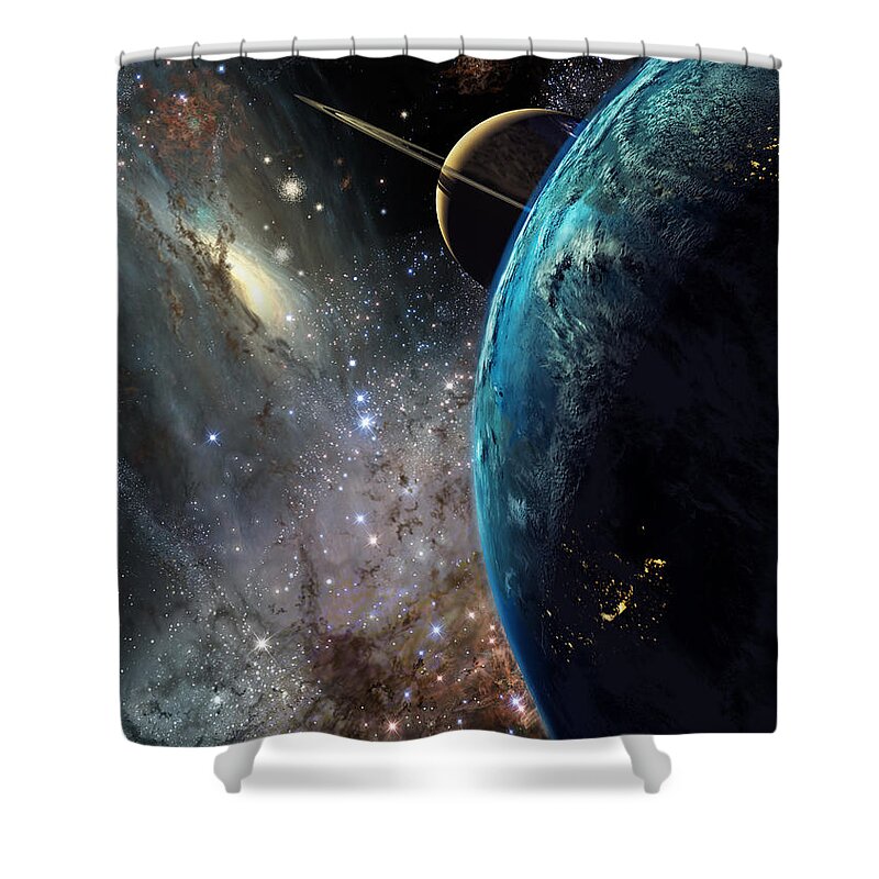 Space Shower Curtain featuring the painting Galaxies Collide Over Terraformed Titan by Don Dixon