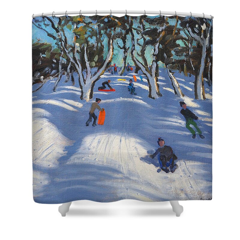Winter Shower Curtain featuring the painting Sledging at Ladmanlow by Andrew Macara