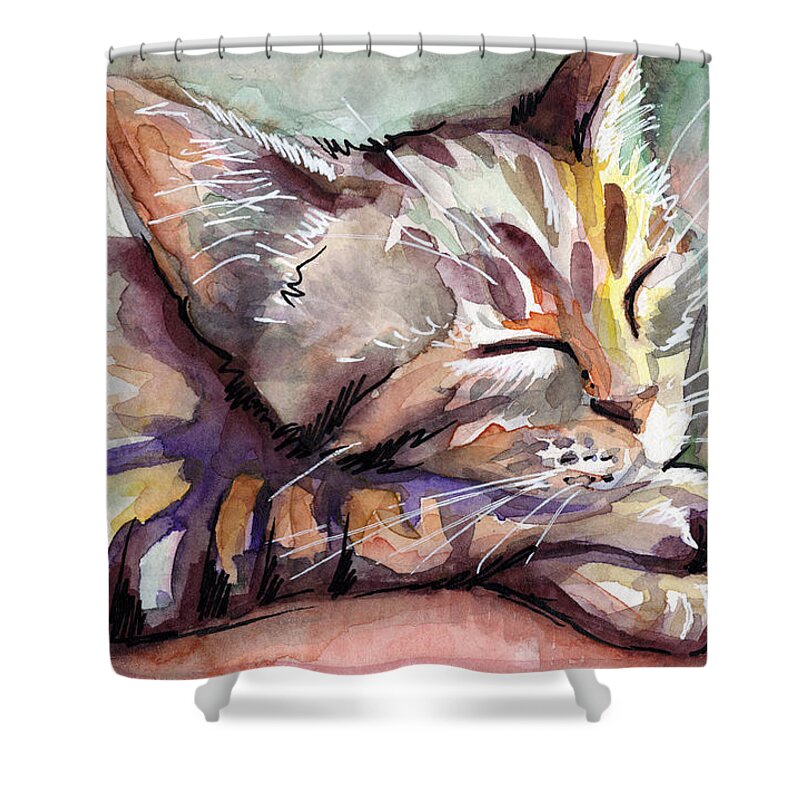 Sleeping Cat Shower Curtain featuring the painting Sleeping Kitten by Olga Shvartsur