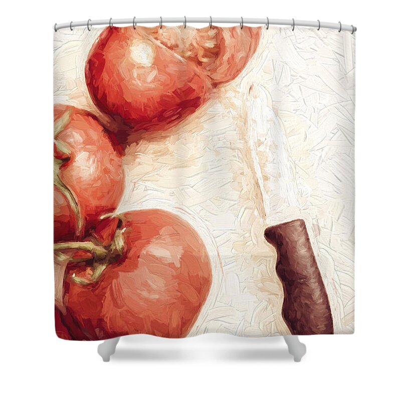 Knife Shower Curtain featuring the digital art Sliced tomatoes. Vintage cooking artwork by Jorgo Photography