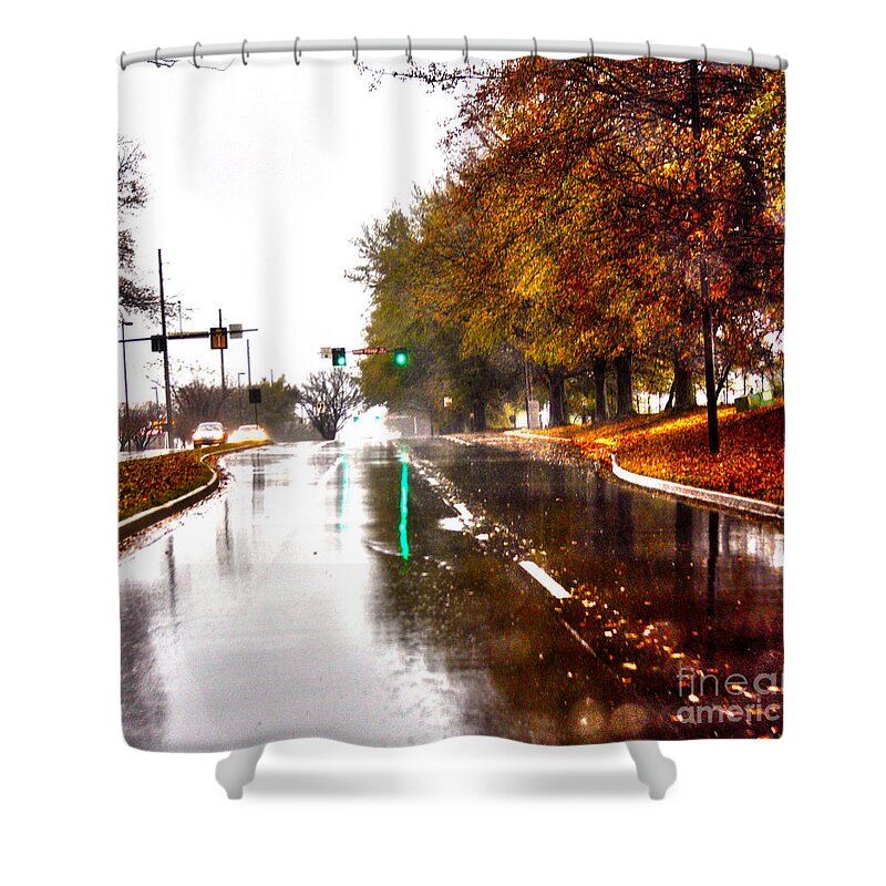 Rain Shower Curtain featuring the photograph Slick Streets Rainy View by Lesa Fine