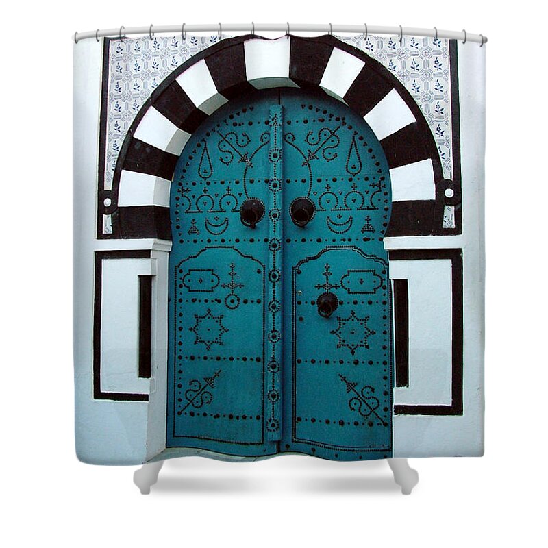 Door Shower Curtain featuring the photograph Smiling Moon Door by Donna Corless