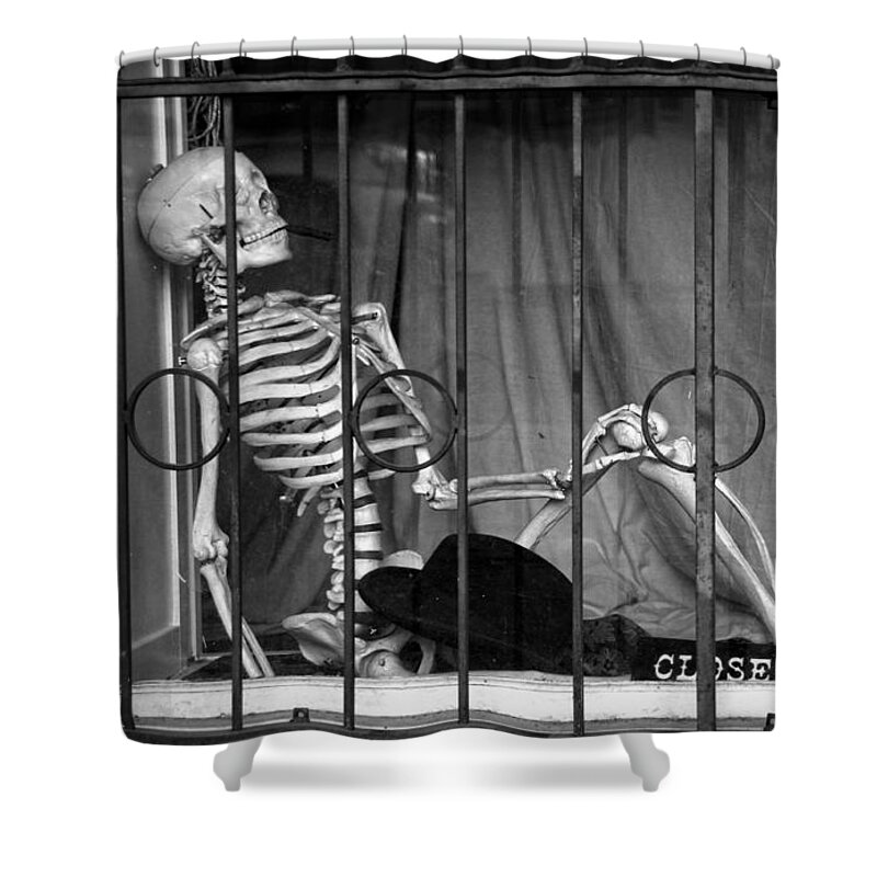 Skeleton Shower Curtain featuring the photograph Smoking in the window by RicardMN Photography