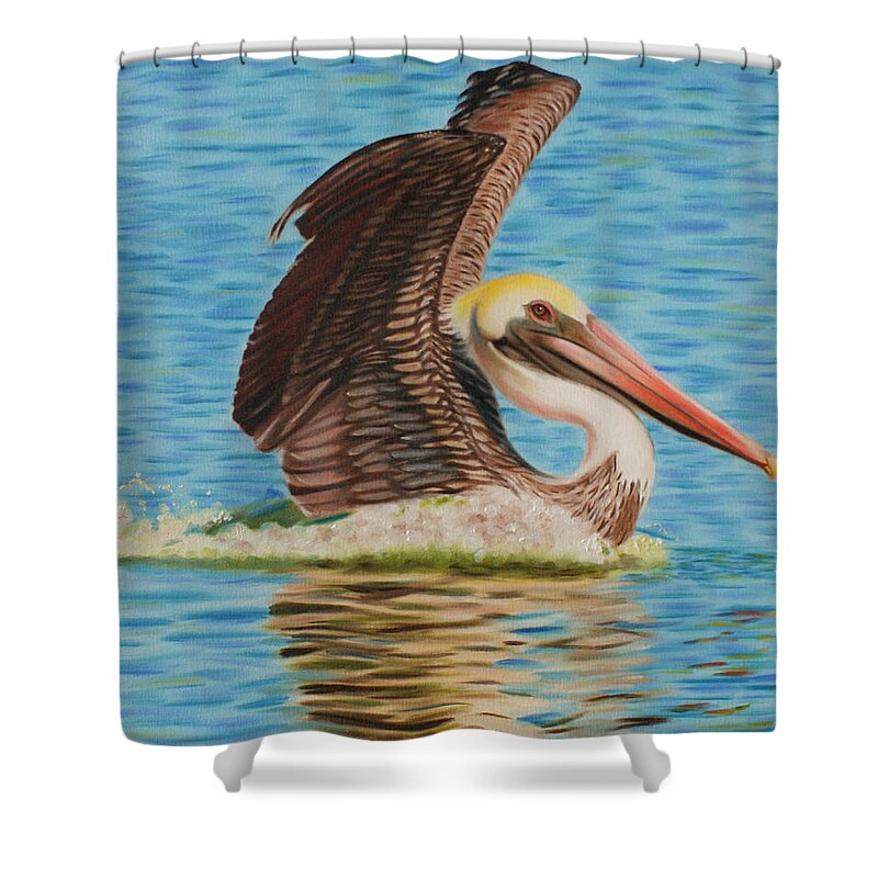 Pelican Shower Curtain featuring the painting Smooth Landing by Jill Ciccone Pike