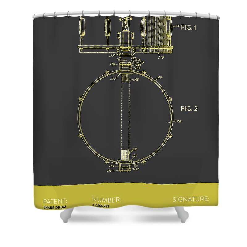 Snare Drum Shower Curtain featuring the digital art Snare Drum Patent from 1939 - Gray Yellow by Aged Pixel