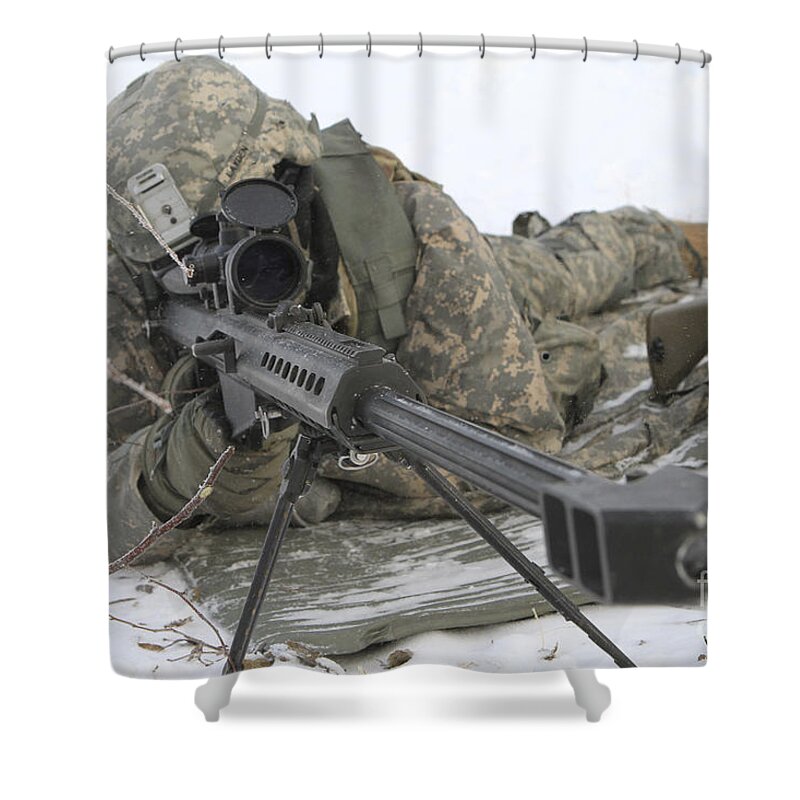 Army Shower Curtain featuring the photograph Snipers Provide Overwatch At Fort by Stocktrek Images