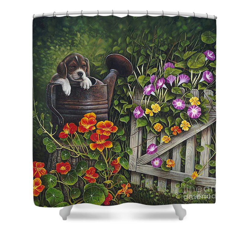 Puppy Shower Curtain featuring the painting Snout N Spout by Ricardo Chavez-Mendez