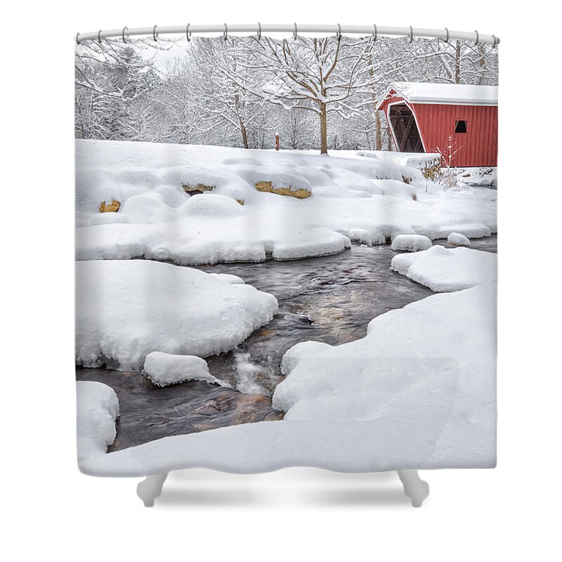 Snow Covered Bridge Shower Curtain featuring the photograph The Stillness of Winter by Bill Wakeley