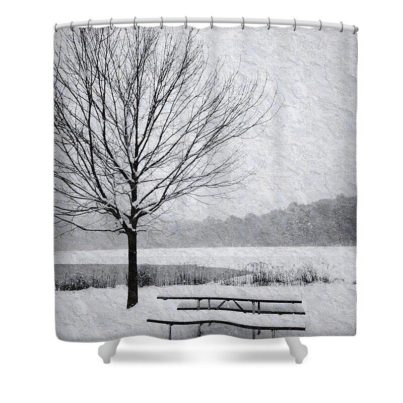 Landscape Shower Curtain featuring the photograph Snow Covered Picnic Table by Crystal Wightman