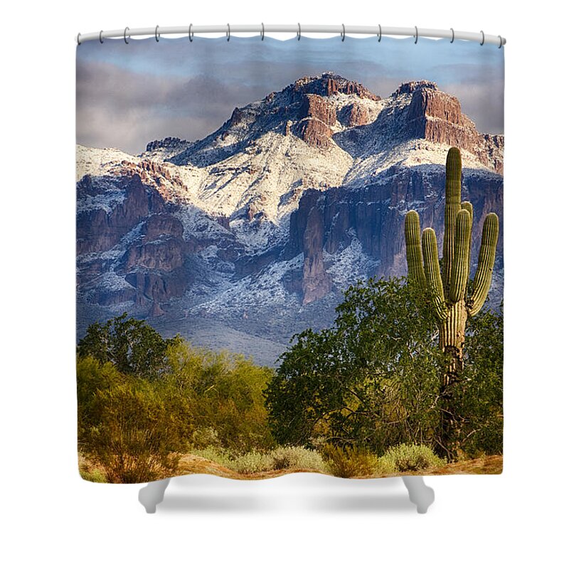 Arizona Shower Curtain featuring the photograph Snow Covered Superstitions by Saija Lehtonen