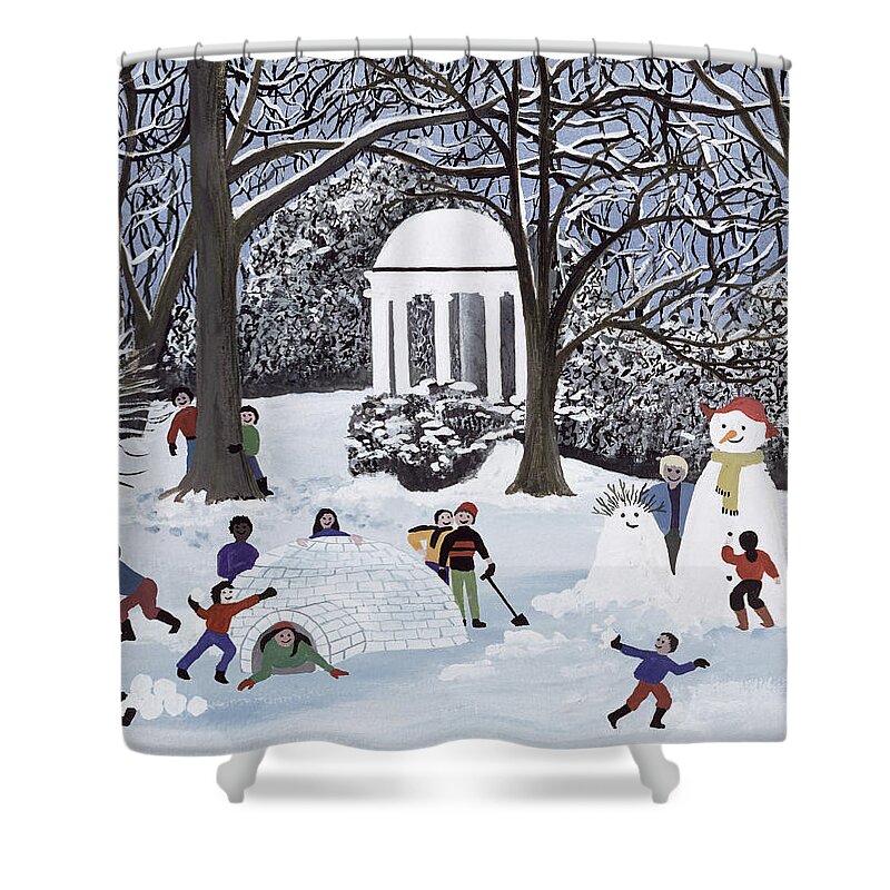 Igloo; Snowball; Snowmen; Ice Shower Curtain featuring the painting Snow Follies by Judy Joel