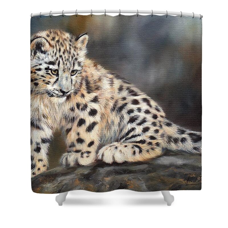 Snow Leopard Shower Curtain featuring the painting Snow Leopard Cub by David Stribbling