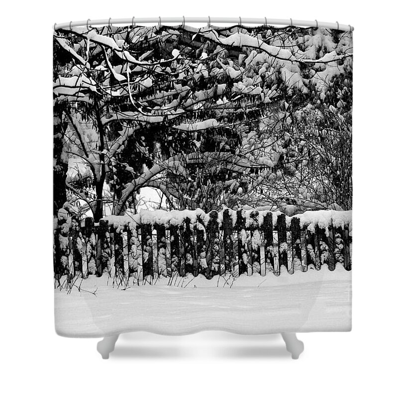 Weather Shower Curtain featuring the photograph Snow on the Fence by Frank J Casella