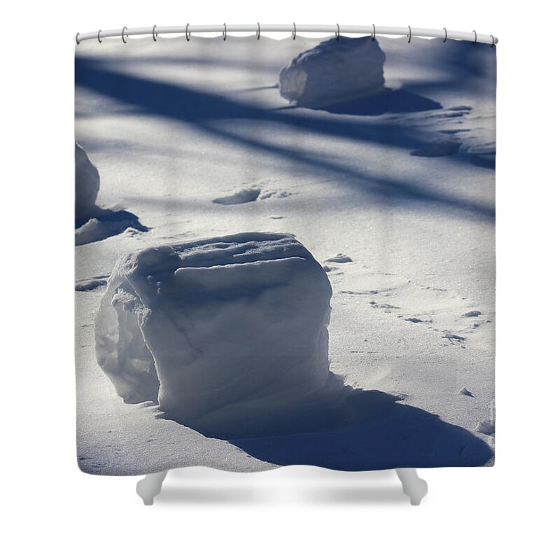 Winter Shower Curtain featuring the photograph Snow Roller Trio in Shadows by Karen Adams