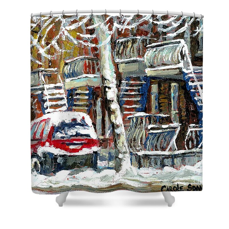 Montreal Shower Curtain featuring the painting Snowed In January Trees Red Car In Verdun Winter City Scene Montreal Art Carole Spandau by Carole Spandau
