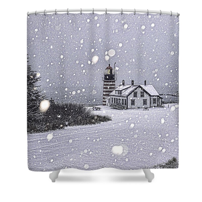 Snowing At West Quoddy Head Lighthouse Shower Curtain featuring the photograph Snowing at West Quoddy Head Lighthouse by Marty Saccone