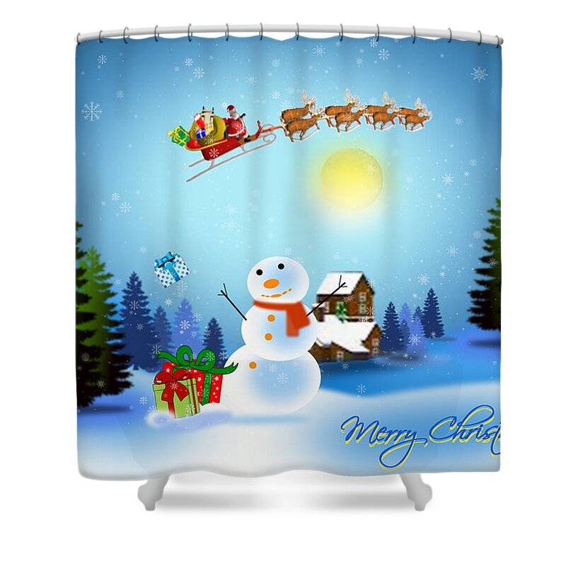 Christmas Shower Curtain featuring the digital art Snowmen receive gifts too by Spikey Mouse Photography