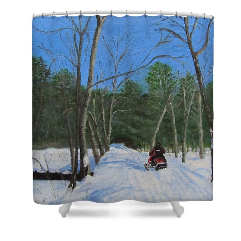 Landscape Shower Curtain featuring the painting Snowmobile on Trail by Linda Feinberg