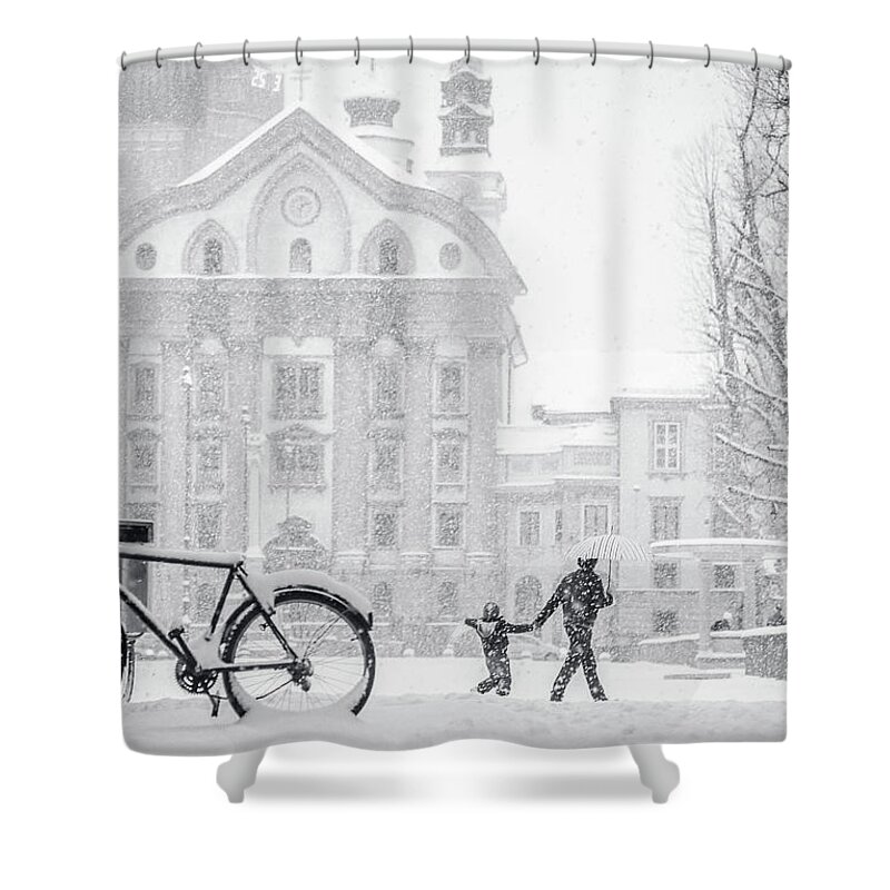 People Shower Curtain featuring the photograph Snowstorm In Ljubljana by Photography By Daniel Frauchiger, Switzerland