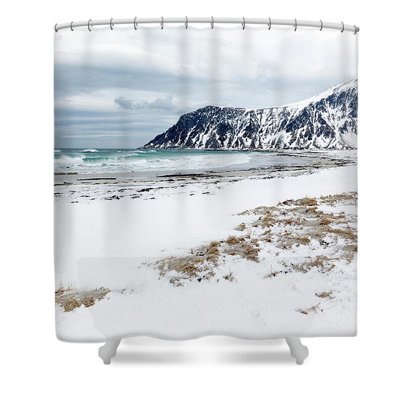 Scenics Shower Curtain featuring the photograph Snowy Beach In Winter On Lofoten by Relaxfoto.de