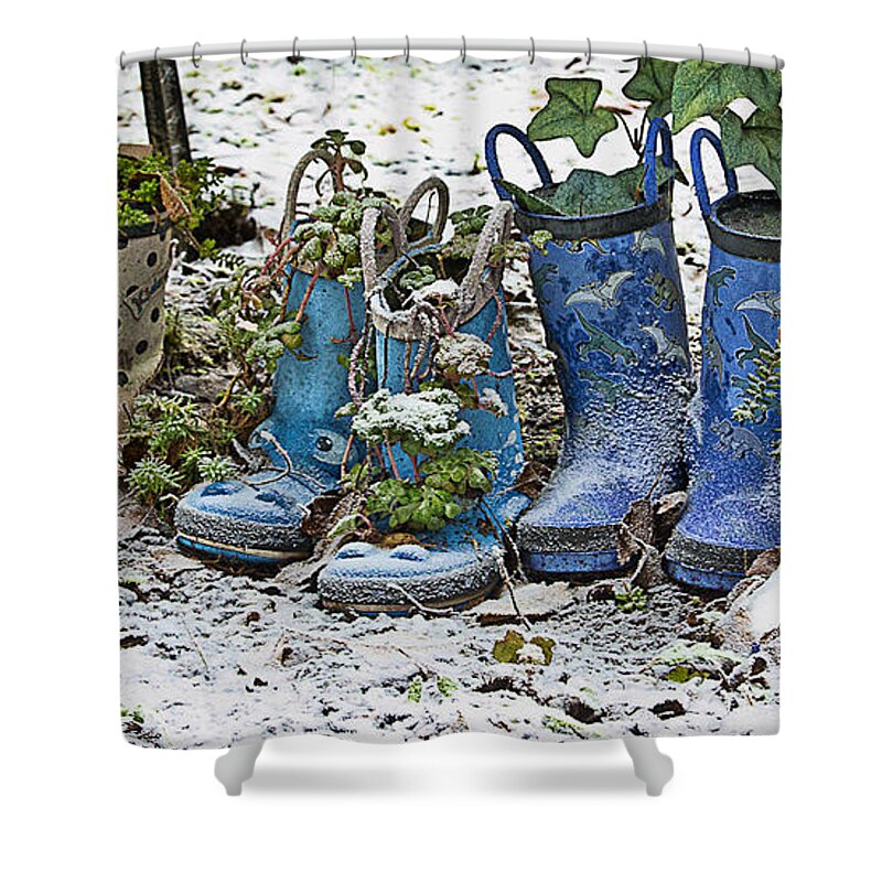 Yard Art Shower Curtain featuring the photograph Snowy Cold Rubber Boots by Ron Roberts