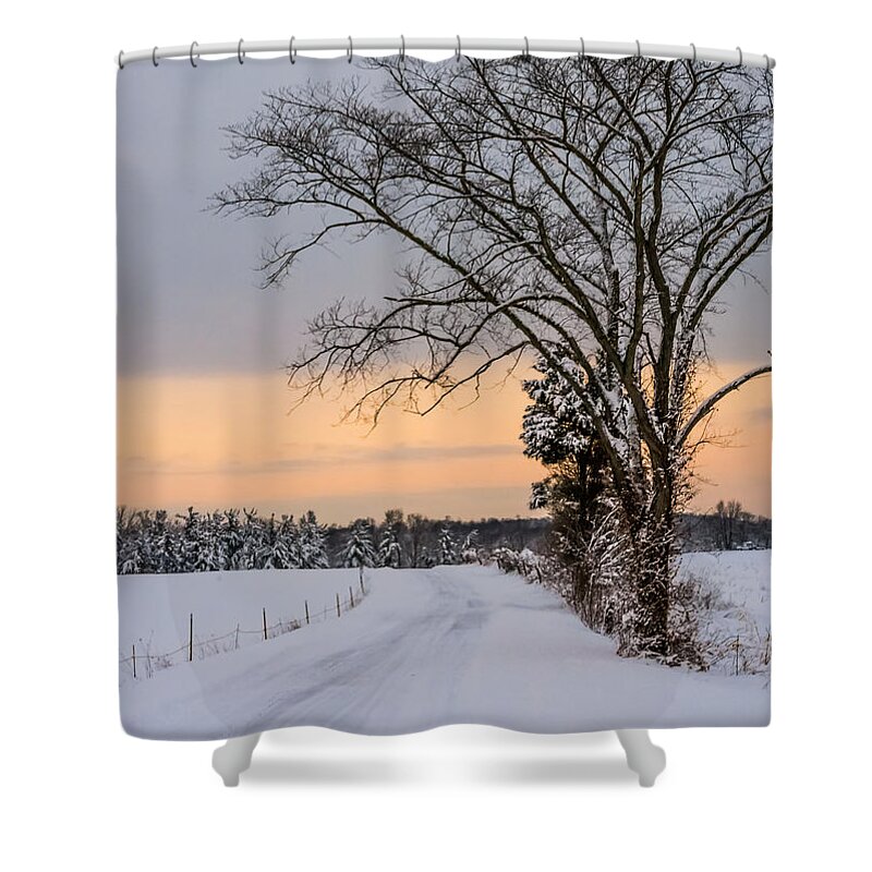 Snow Shower Curtain featuring the photograph Snowy Country Road by Holden The Moment
